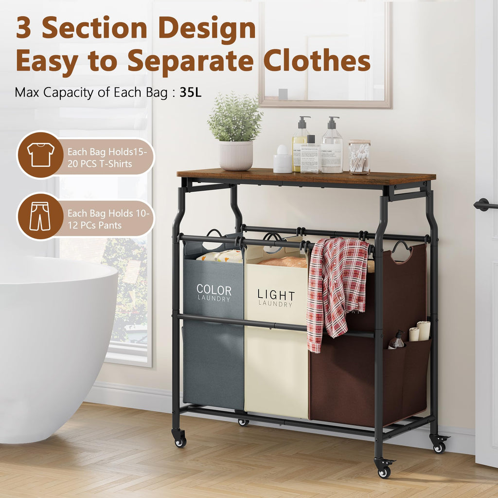 3 Section Laundry Sorter with ironing Board, Hamper with Wheels