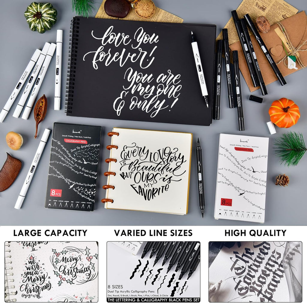 Calligraphy Pens, 8 Size Dual Tip Black Acrylic Calligraphy markers for Writing, Brush Pens Calligraphy Set for