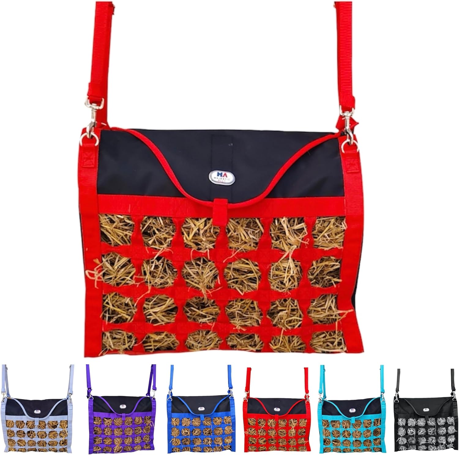 Animal Health Hay Bag for Horses, 2.5" Holes, Top Load, Travel Feeder, Reduces Waste, 1 Year Warranty, Multiple