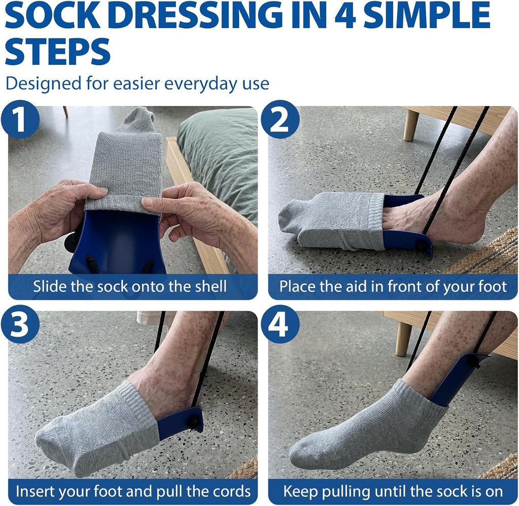 Blue Jay Formed Sock Aid Device with Molded Plastic Shell, 30 Inch Adjustable Cord, Large Foam Handles, Puller Assist
