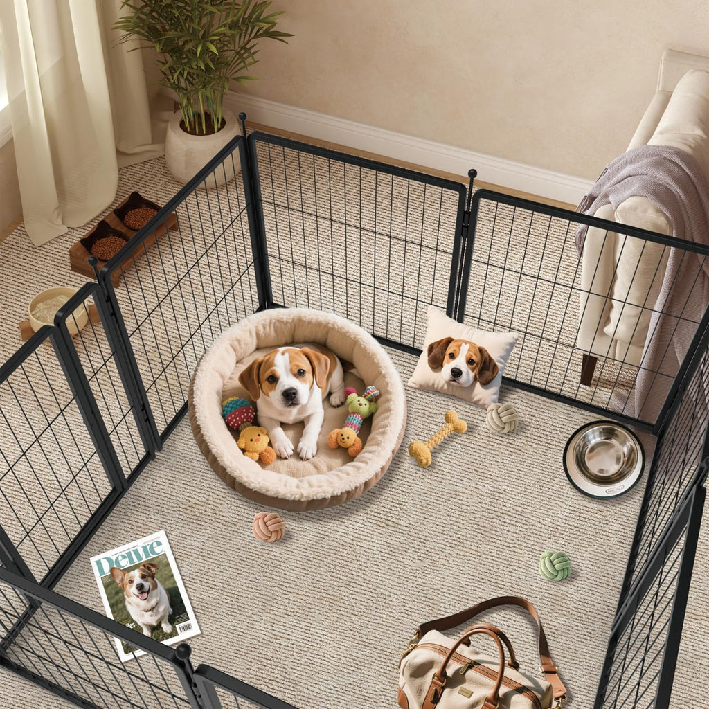Dog Playpen 42 inch 8 Panels for Indoor & Outdoor Use – Heavy-Duty Metal Pet Fence with Ground Stakes, Rounded Ball