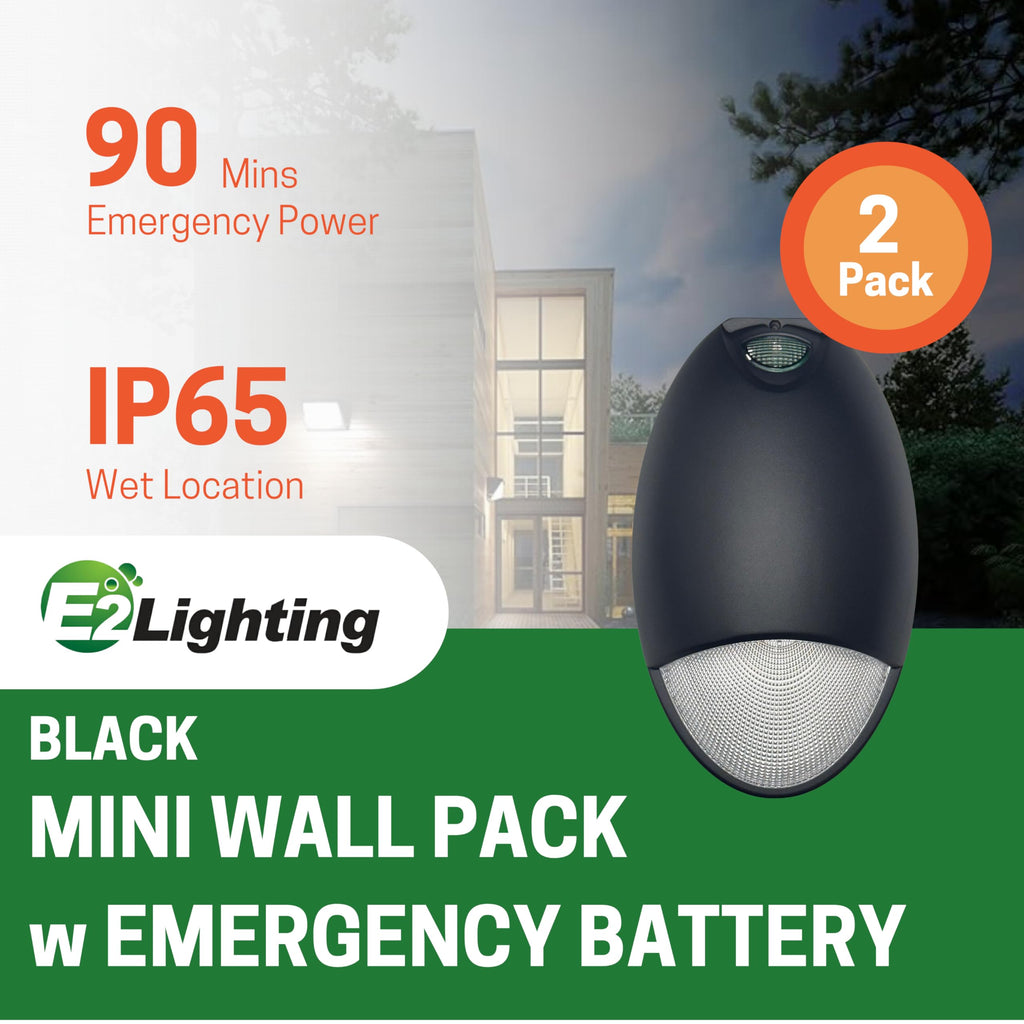 E2 LIGHTING Mini Emergency Wall Pack, LED Emergency Lights, 2 Pack Black