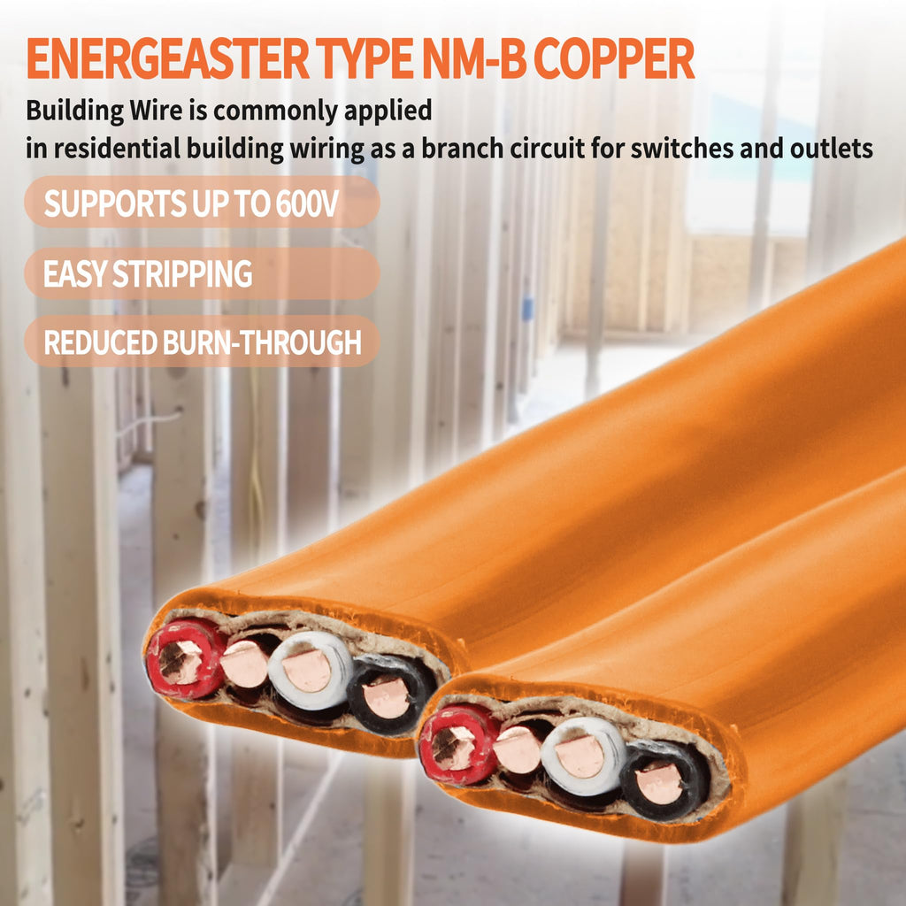 Energeaster Solid Indoor 10/3 NM-B Copper Cable with Ground 15FT, Orange
