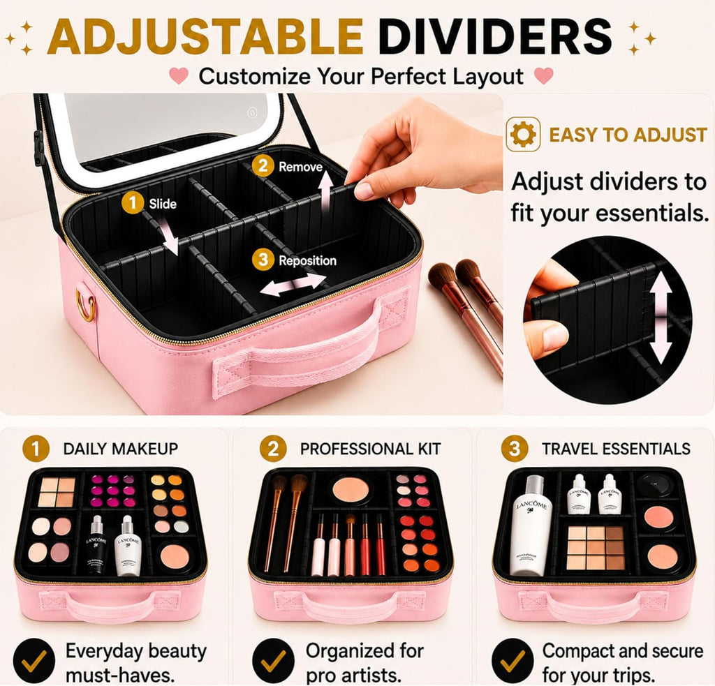 Makeup Train Case with LED Mirror, Travel Vanity Case, Rechargeable Lighted Mirror, Adjustable Dividers, Brush