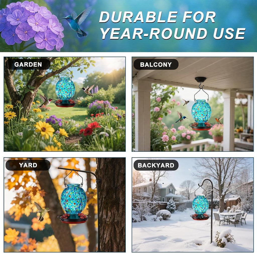 Hummingbird Feeder, Glass Hummingbird Feeder for Outdoors, Vibrant Colors Attract Hummingbirds, 18 Ounces, Netted