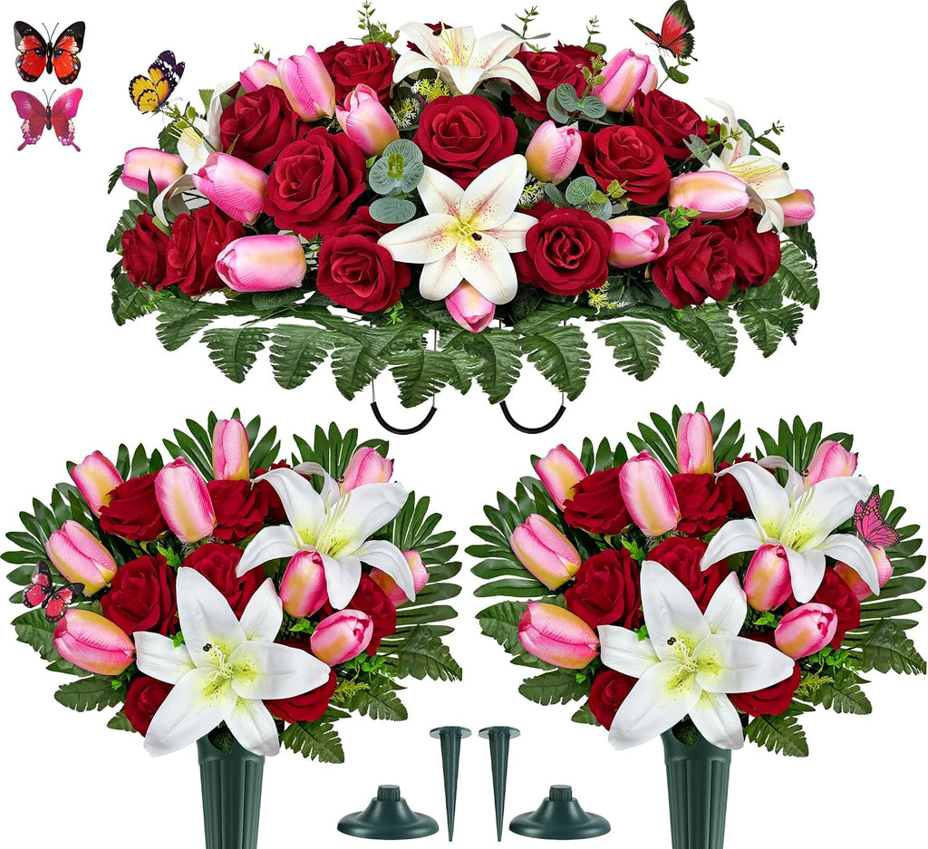 Artificial Cemetery Flowers – Realistic Silk Flower Outdoor Grave Decorations,Headstone Flower Saddle, Non-Bleed