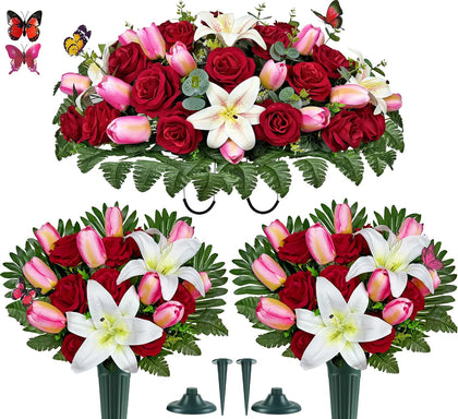 Artificial Cemetery Flowers – Realistic Silk Flower Outdoor Grave Decorations,Headstone Flower Saddle, Non-Bleed