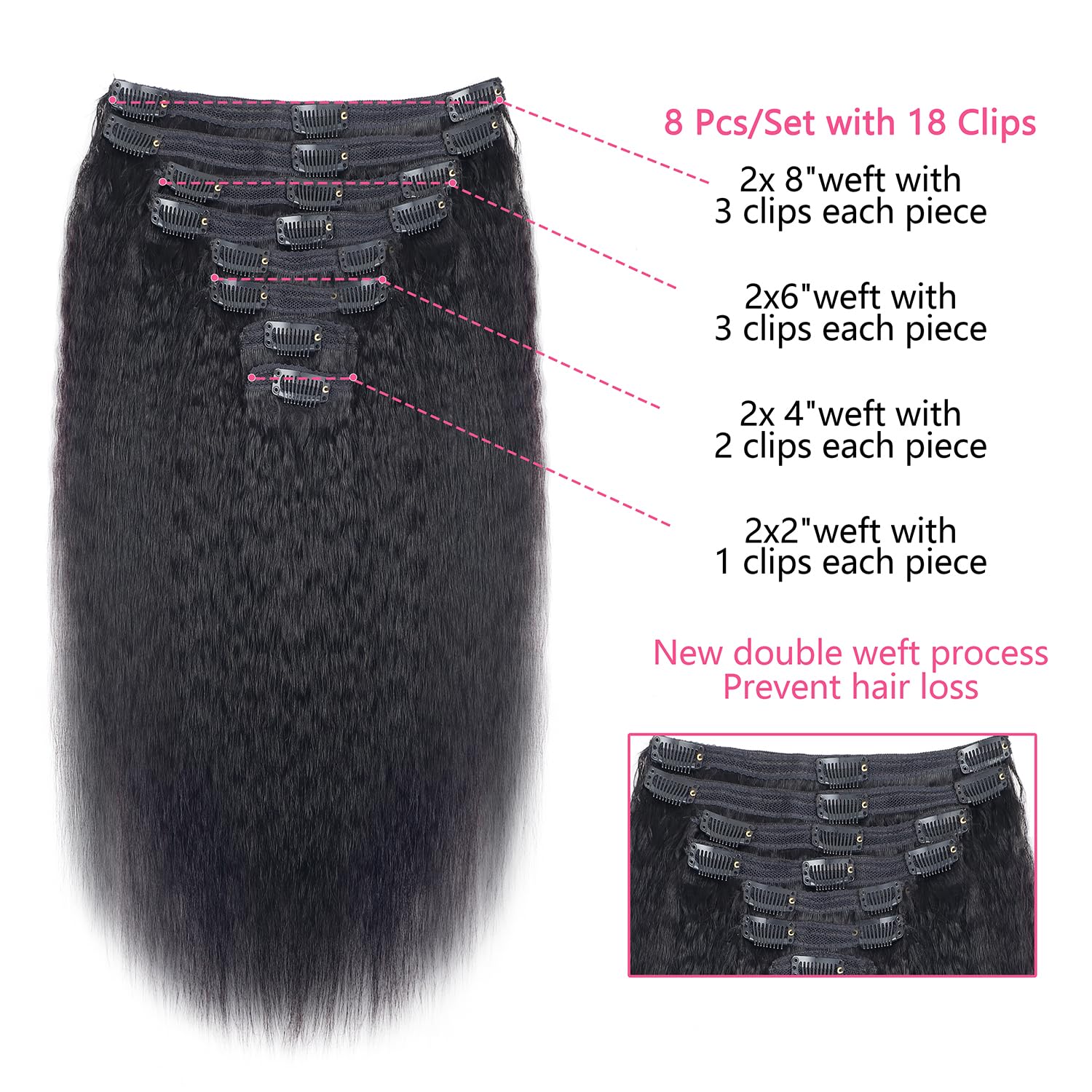 Kinky Straight Clip in Hair Extensions Real Human Hair Clip ins Natural Black Double Weft Clip ins for Women 12 Inch