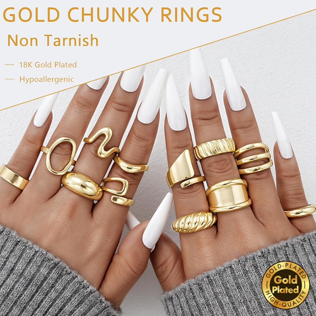 Chunky Gold Stackable Rings for Women Non Tarnish, 18K Gold-Plated Statement Open Stacking Rings, Knuckle Band Ring Set