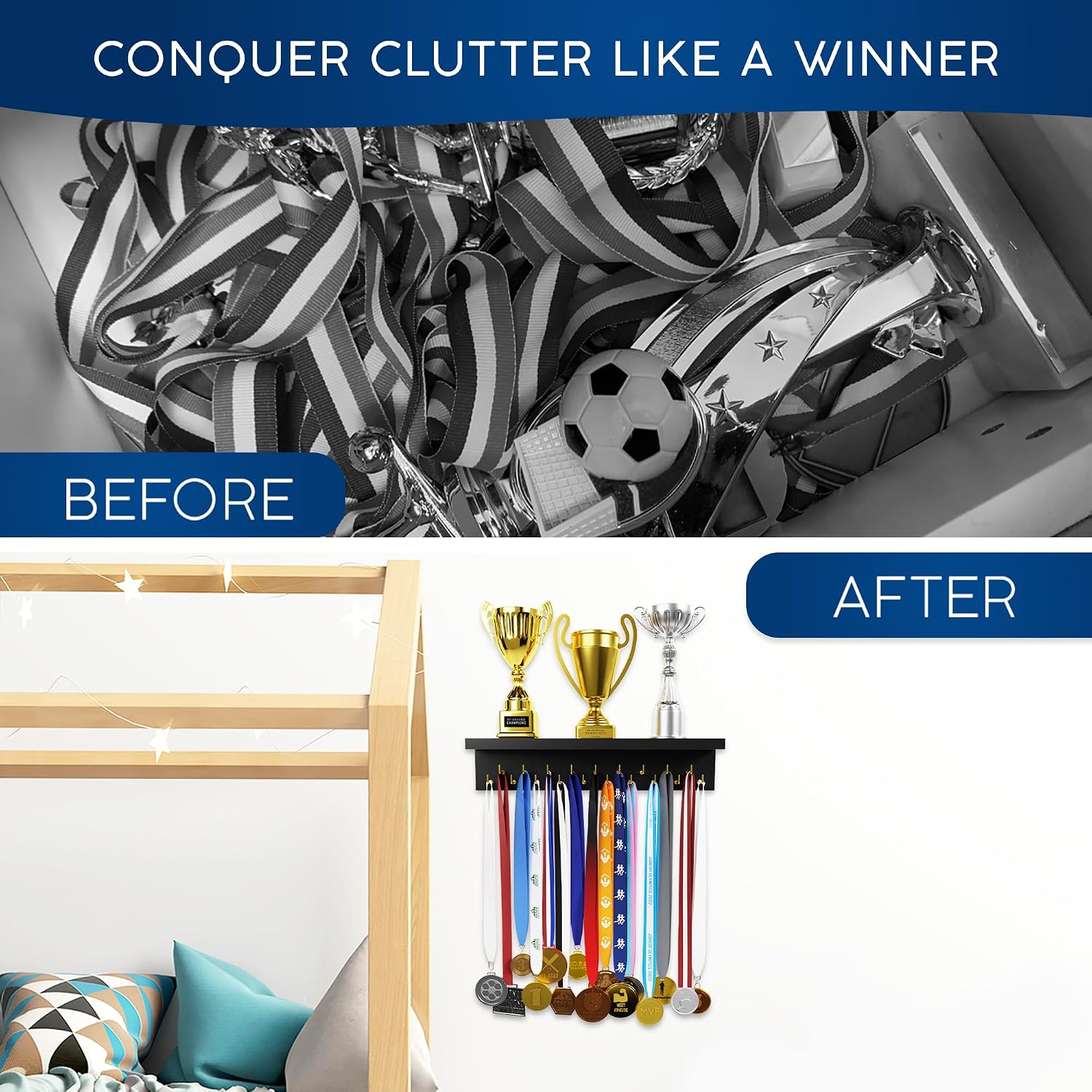 Medal Hanger Display and Trophy Shelf with Hooks - Wooden Medal Holder for Wall Mount Ribbon Display, Trophy Display