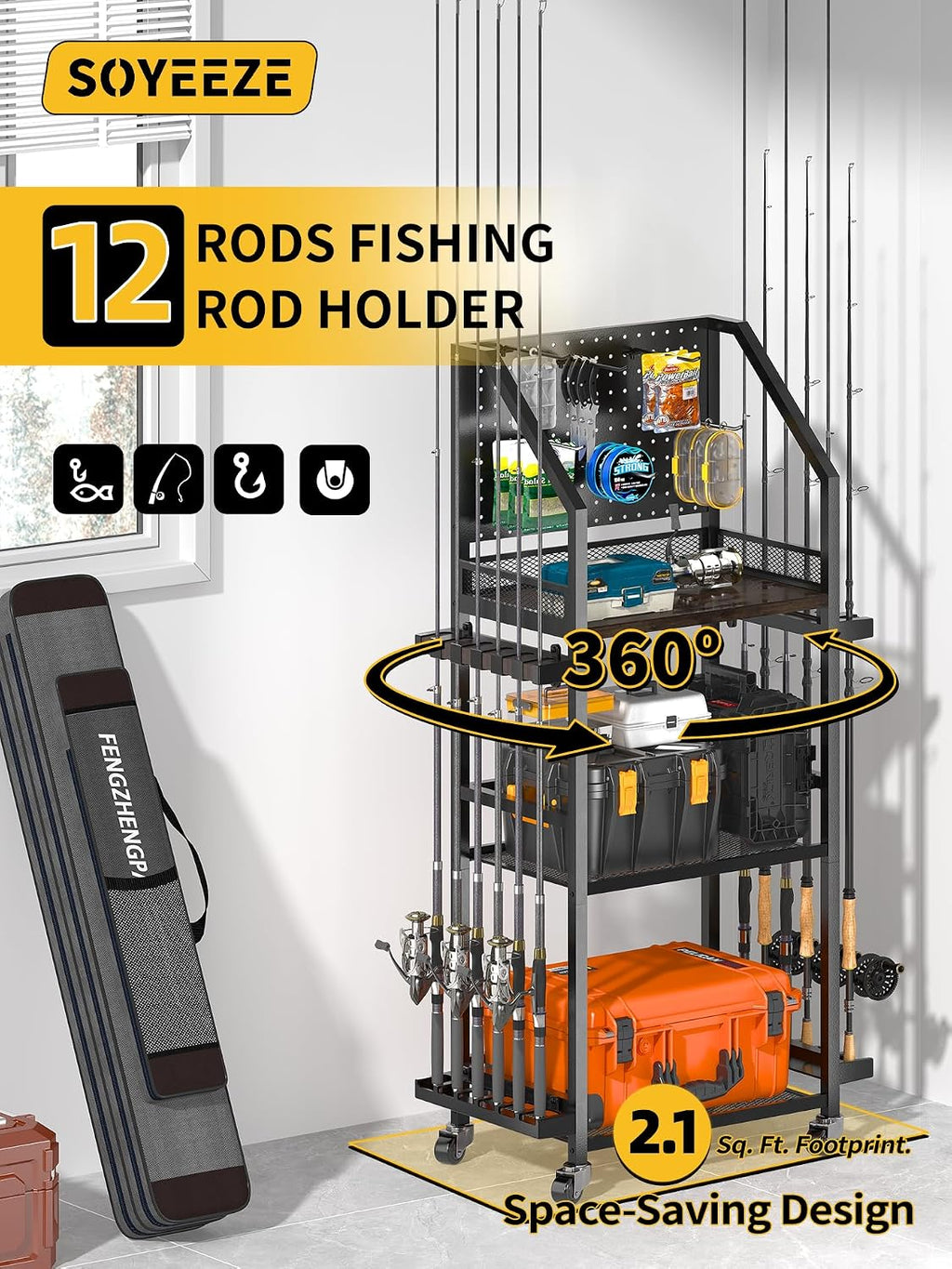 Fishing Rod Holders for Garage, Fishing Pole Holders Up to 12 Rods with Pegboard and Hooks,Rolling Fishing Cart with