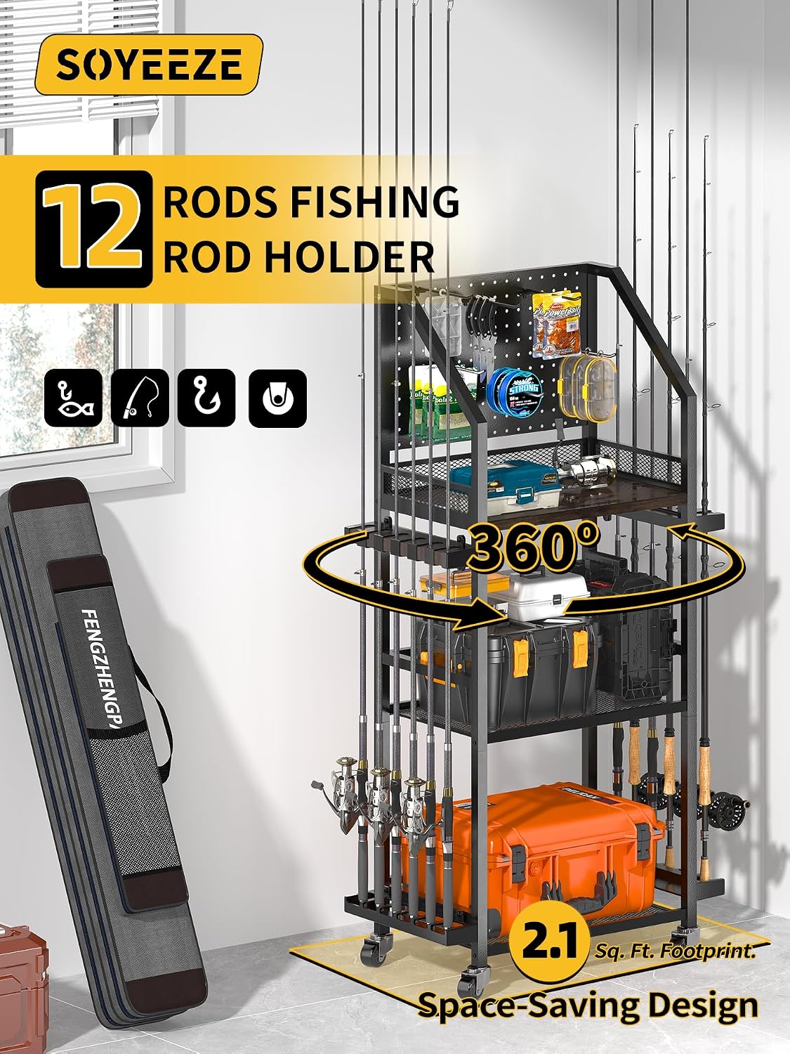 Fishing Rod Holders for Garage, Fishing Pole Holders Up to 12 Rods with Pegboard and Hooks,Rolling Fishing Cart with