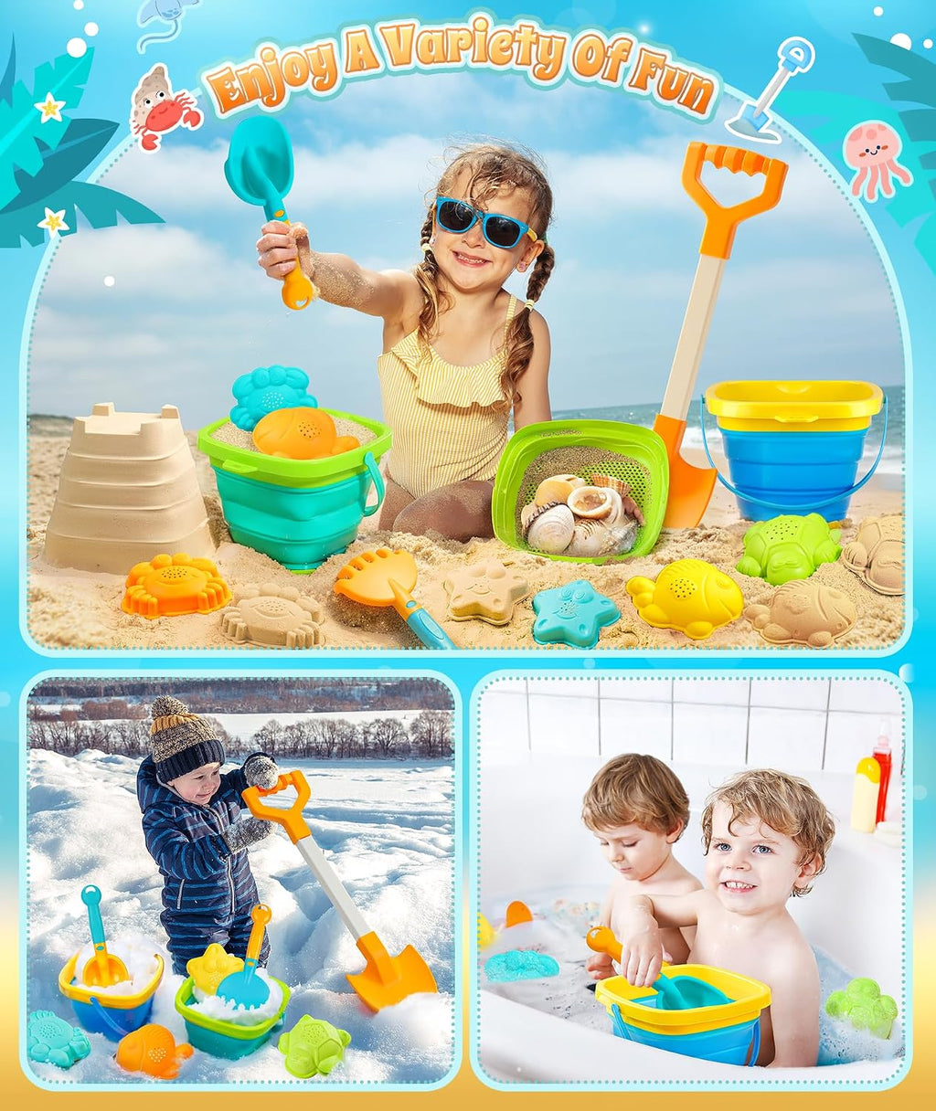 Collapsible Beach Sand Toys for Kids Toddlers, Collapsible Sand Bucket | Sand Sifter Shovels Set with Mesh Bag and