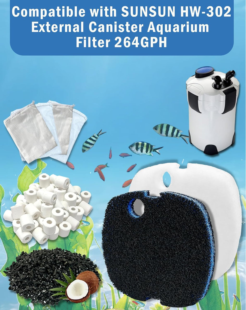 16-Piece Filter Media Replacement for SUNSUN HW-302 Canister Filter (264 GPH), Includes 6 Filter Pads, 2 Activated