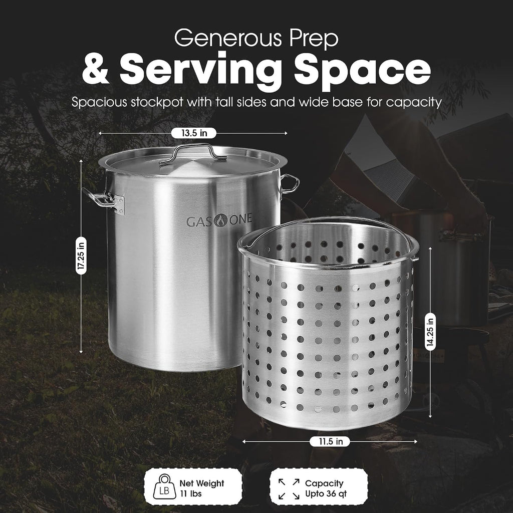 GasOne Stainless Steel Stockpot with Basket – 36qt Stock Pot with Lid and Reinforced Bottom – Heavy-Duty Cooking Pot