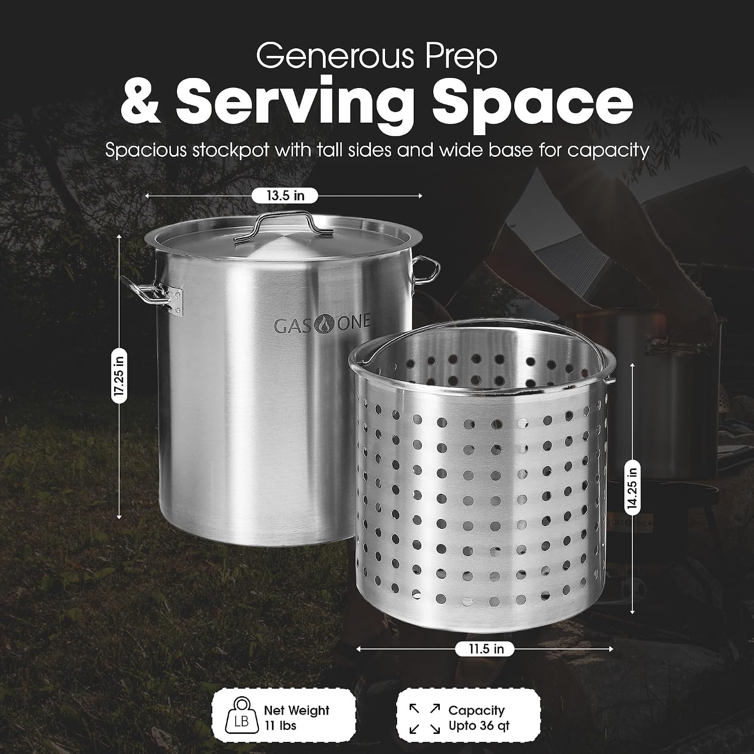 GasOne Stainless Steel Stockpot with Basket – 36qt Stock Pot with Lid and Reinforced Bottom – Heavy-Duty Cooking Pot