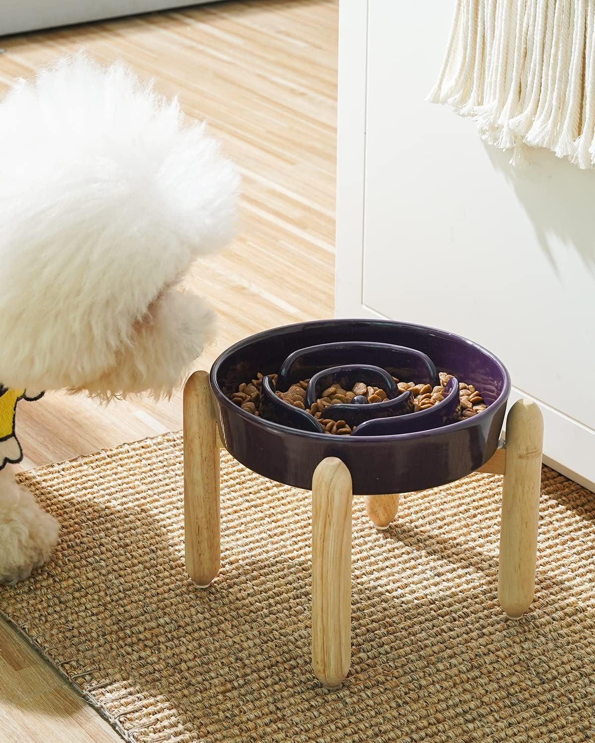 Ceramic Slow Feeder Dog Bowls Elevated, 3 Cup Raised Bowl with Wooden Stand for Medium Large Breed, Slow Down Eating