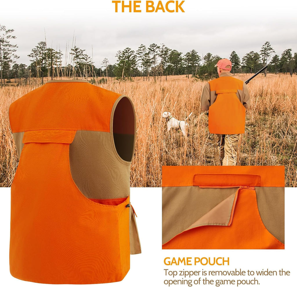 Upland Hunting Vest for Men- Blaze Orange, Pheasant Hunting Vest with Game Pouch, Bird Hunting Vest for Quail