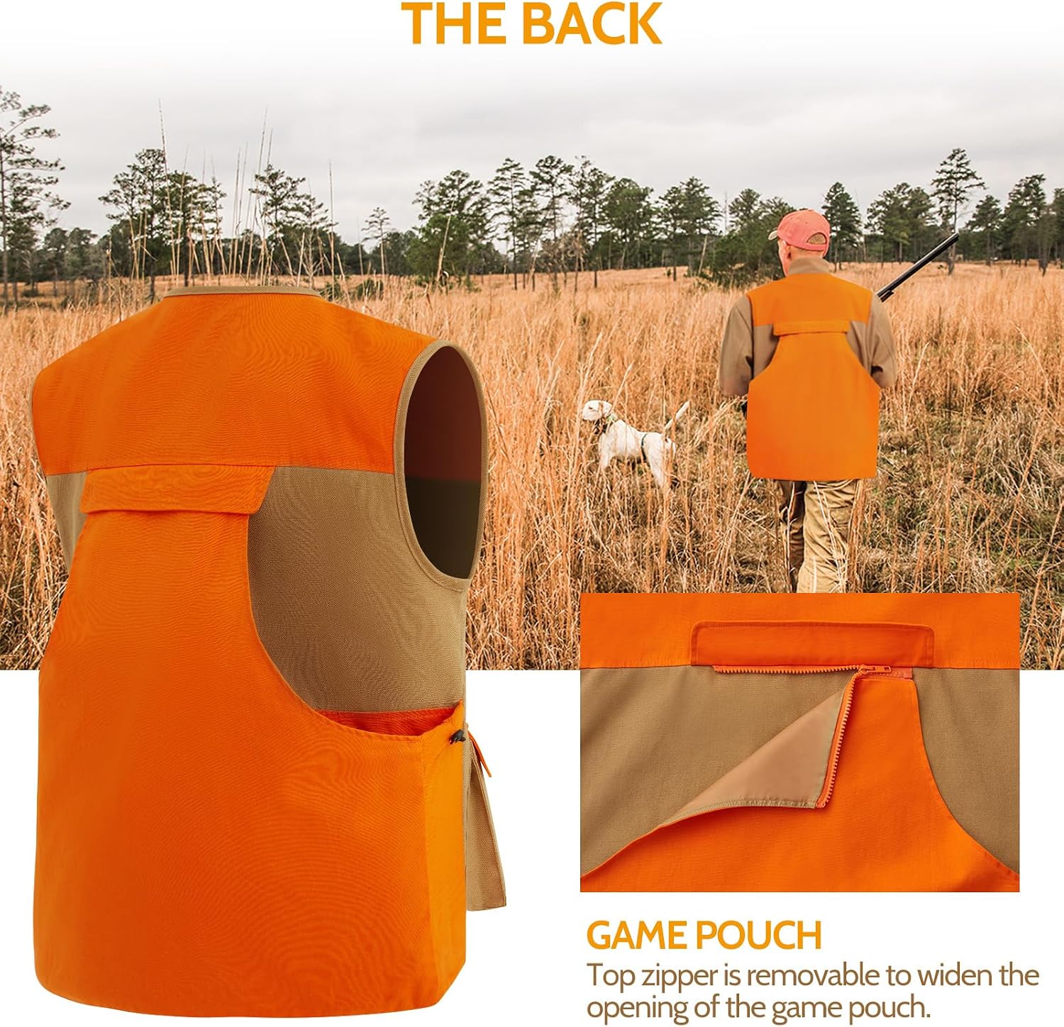 Upland Hunting Vest for Men- Blaze Orange, Pheasant Hunting Vest with Game Pouch, Bird Hunting Vest for Quail