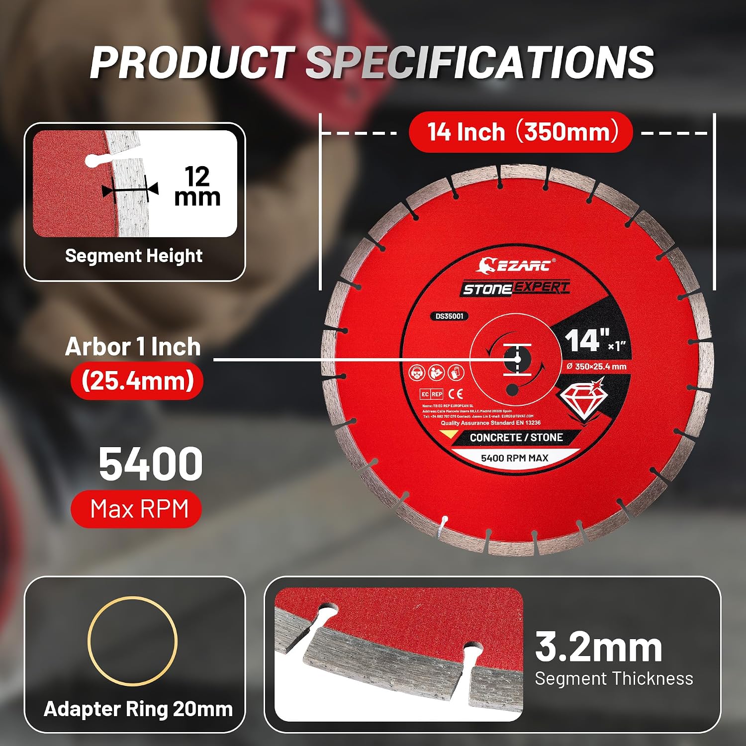 14 Inch Segmented Diamond Blade, 1"-20mm Arbor, 1-Pack | Cutting Wheel for Angle Grinder, Fast Cutting, Deep Cuts