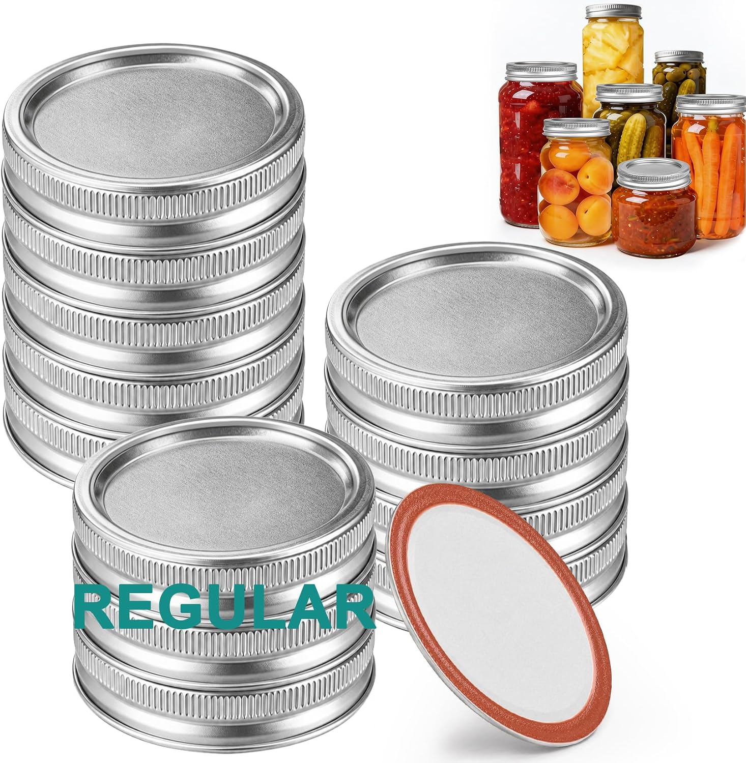 Regular Mouth Mason Jar Lids and Rings for Ball & Kerr, 70mm, 12 Pack