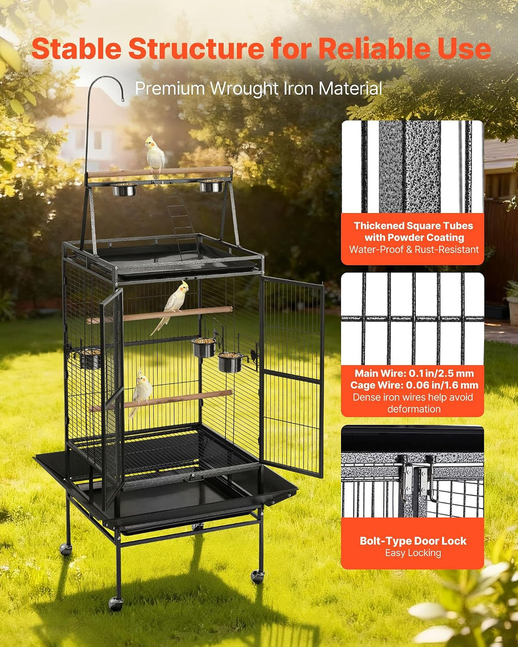 Bird Cage, 32.7 x 31.1 x 82.7 inch, Open Flat Top, Wrought Iron Bird Flight Cage with Perches, Slide-Out Tray