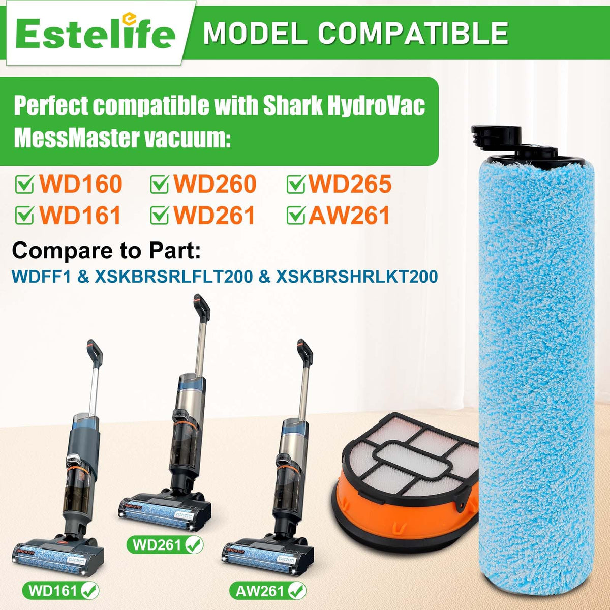 WD161 Roller Brush and Fiter Replacement for Shark HydroVac MessMaster