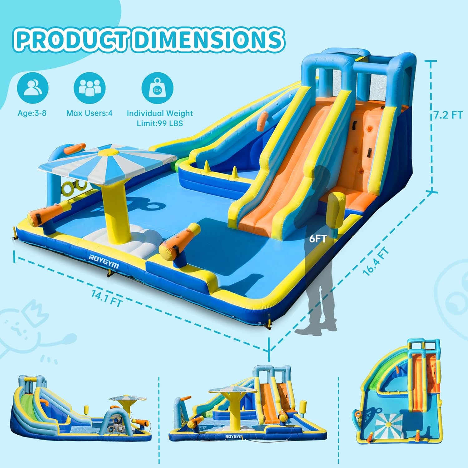 Inflatable Water Park for Kids, 16.4 ft × 14.1 ft Large Backyard Water Slides with Dual Slides, Dual Water Guns &