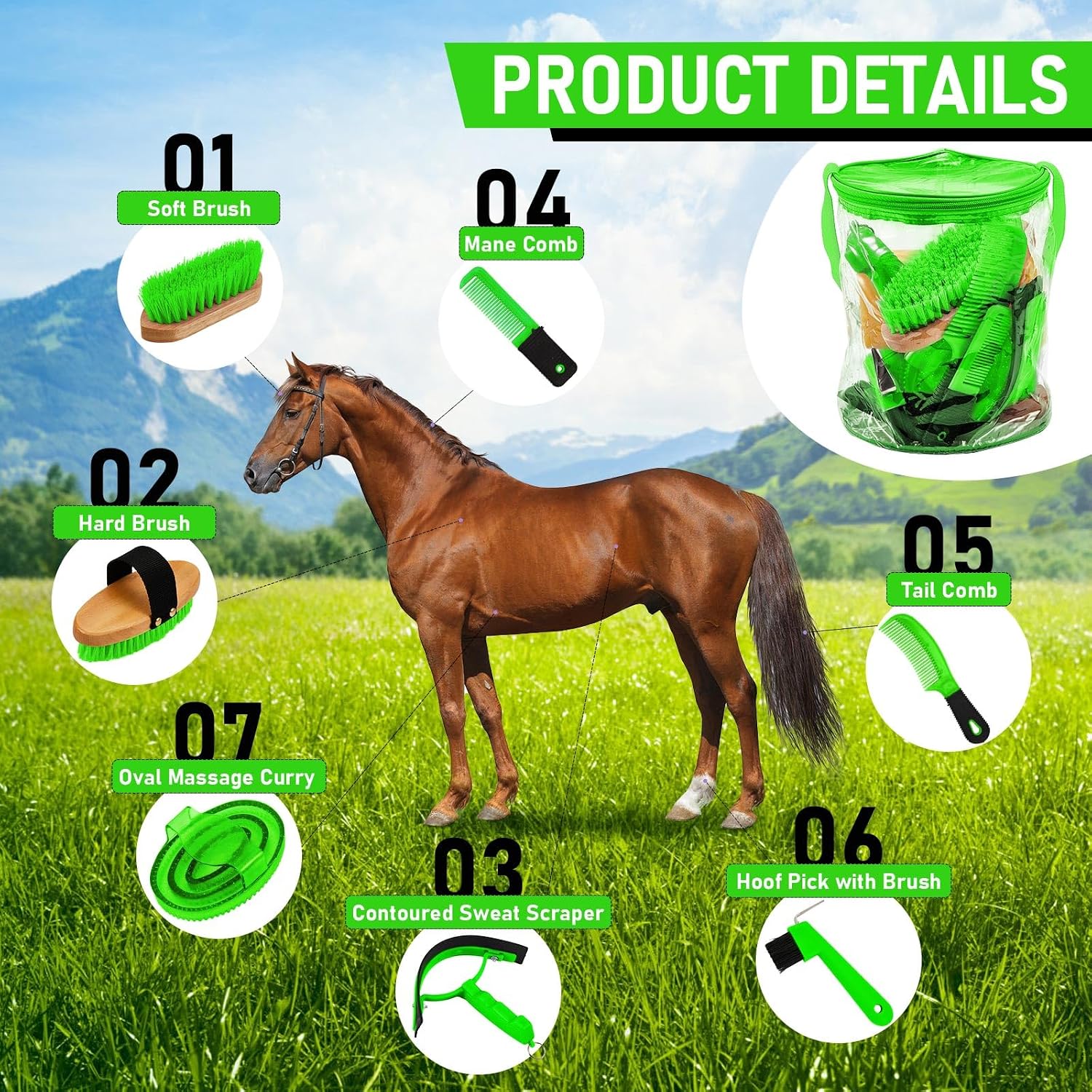 9 Pcs Horse Grooming Kit Tack Room Supplies, Cute, Green
