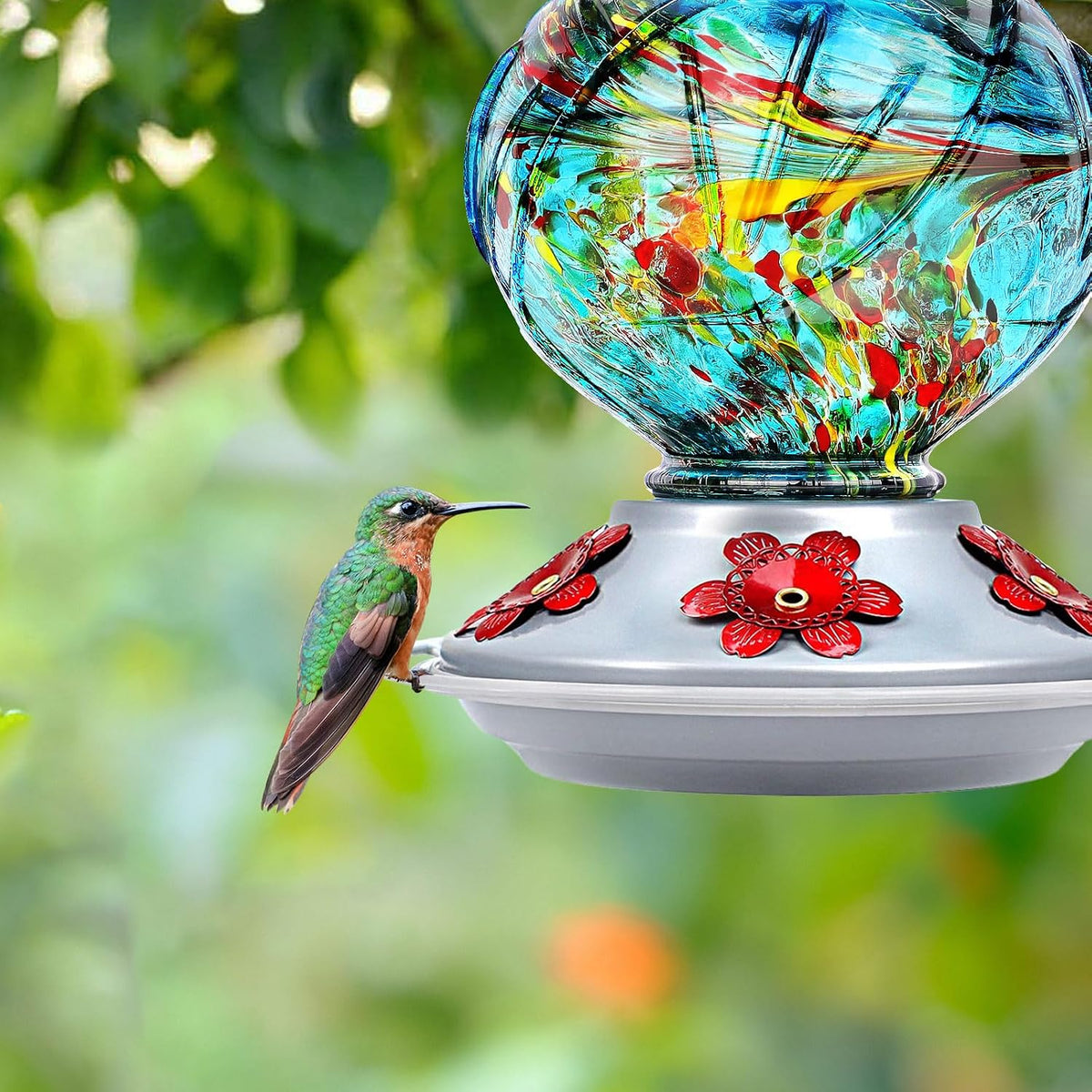 Hummingbird Feeders for Outdoors Hanging, Hand Blown Glass, Blue