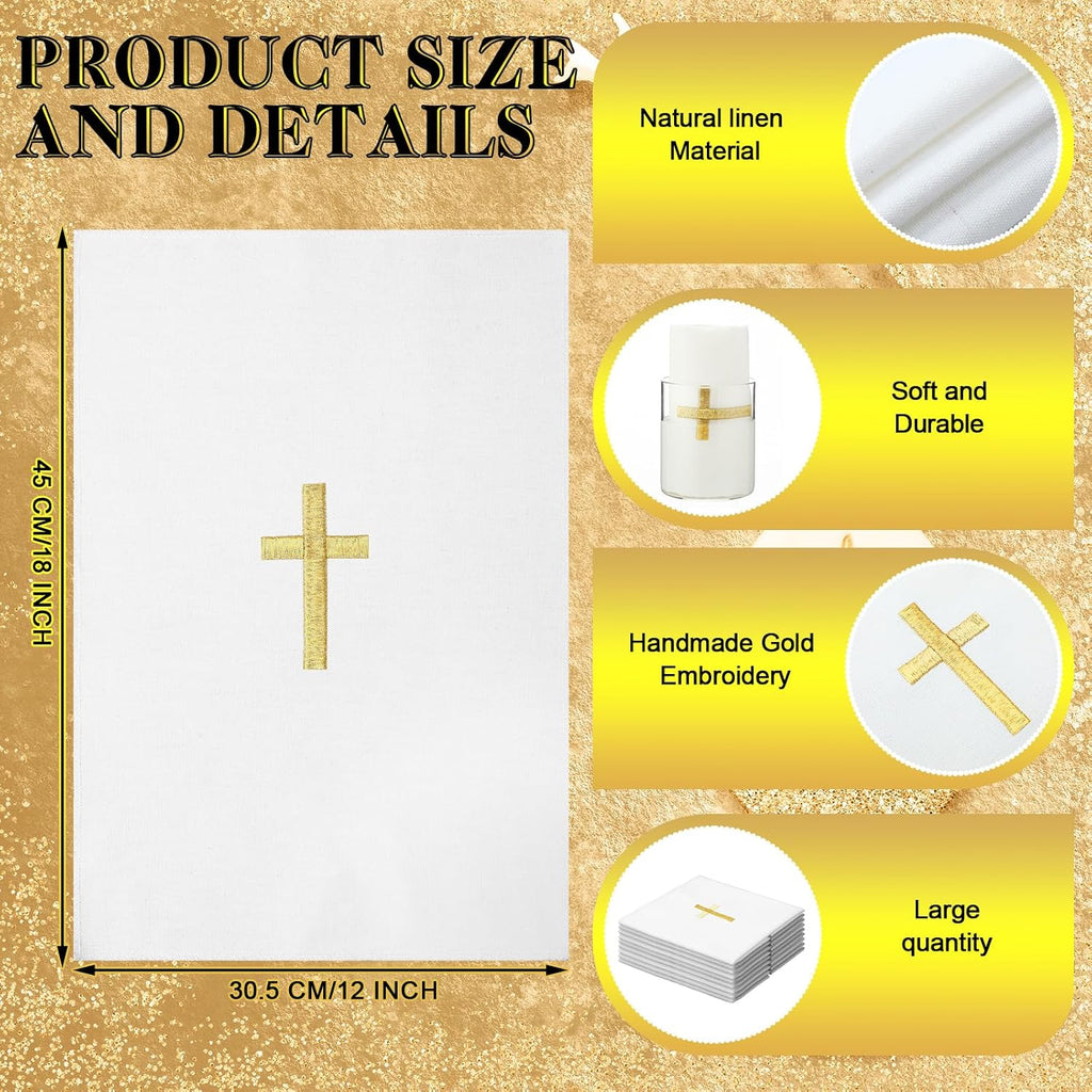 12 Pack of Embroidered Linen Purificator with Gold Cross Center White Linen Altar Cloth Altar Supplies Corporal for