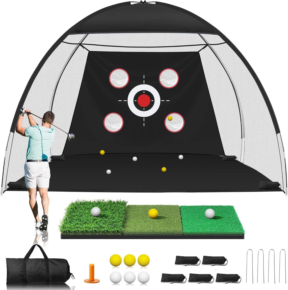 Golf Net, 10x7FT Golf Practice Net with Tri-Turf Mat for Outdoor Indoor, All-in-One Golf Hitting Aid Nets for