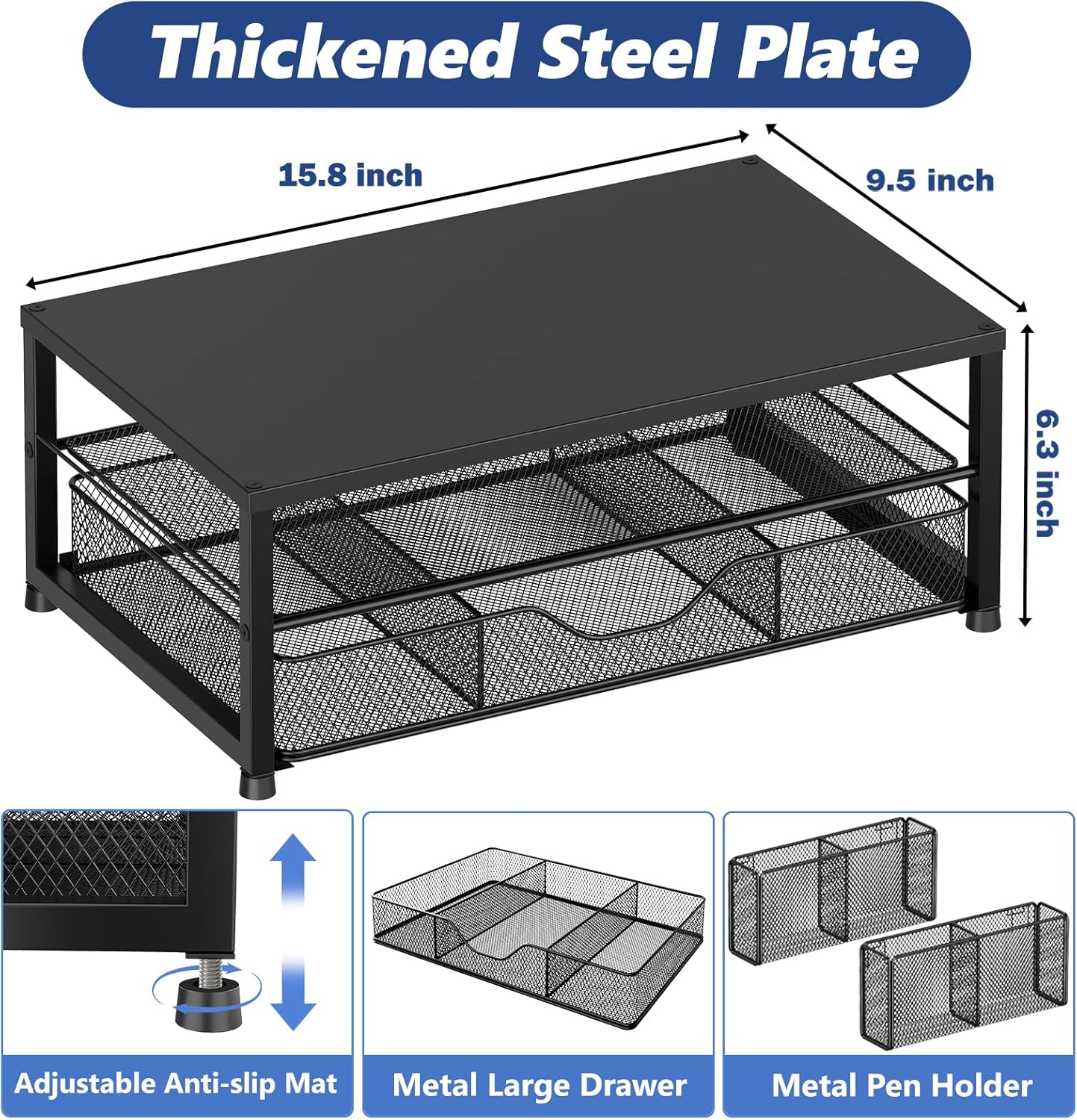 Desk Organizer and Accessories, 2-Tier Computer Monitor Stand Riser with Drawer and 2 Pen Holders, Laptop Stand