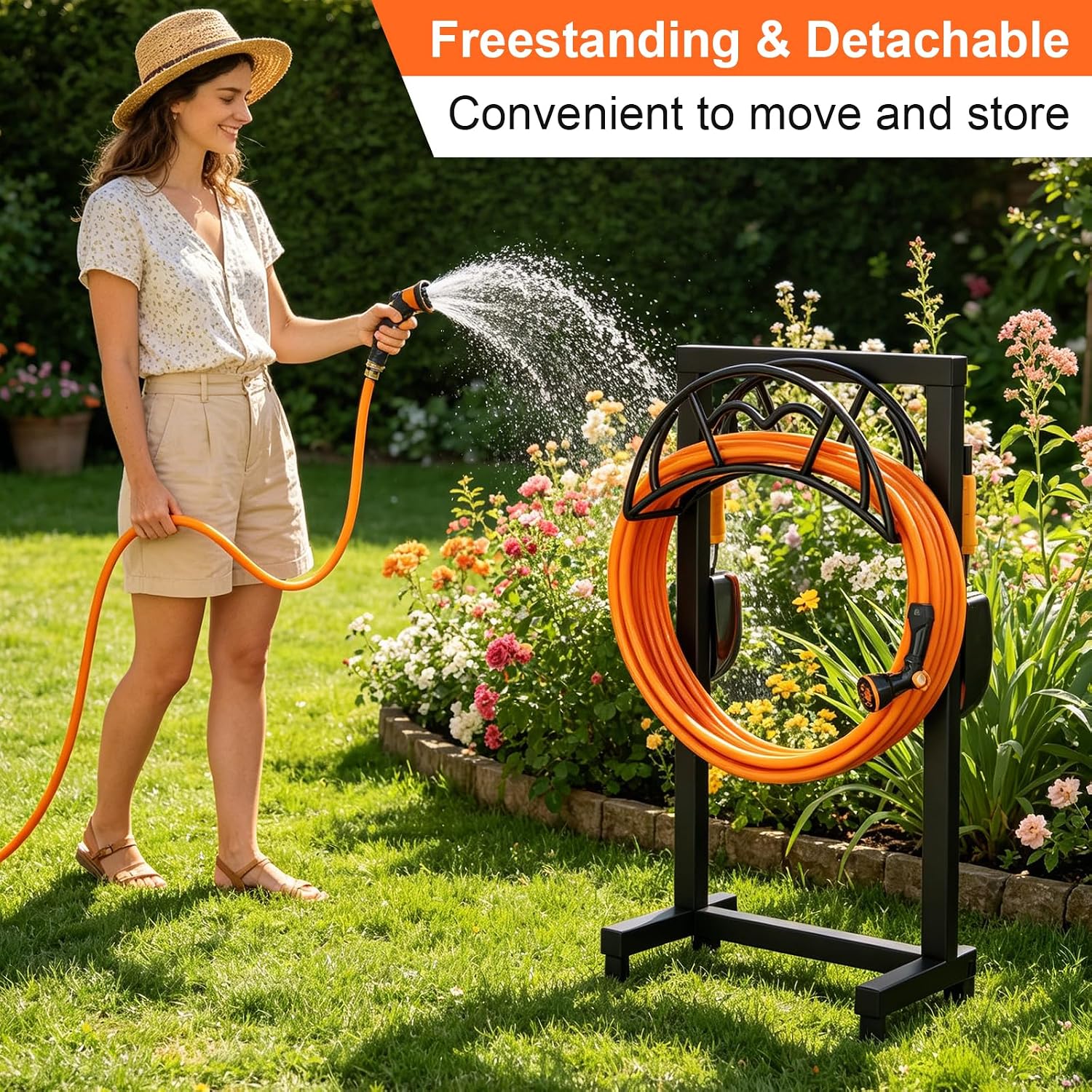Garden Hose Holder, Freestanding Heavy Duty Water Hose Holder for Outside, Upgraded Metal Hose Stand with 4 Spikes