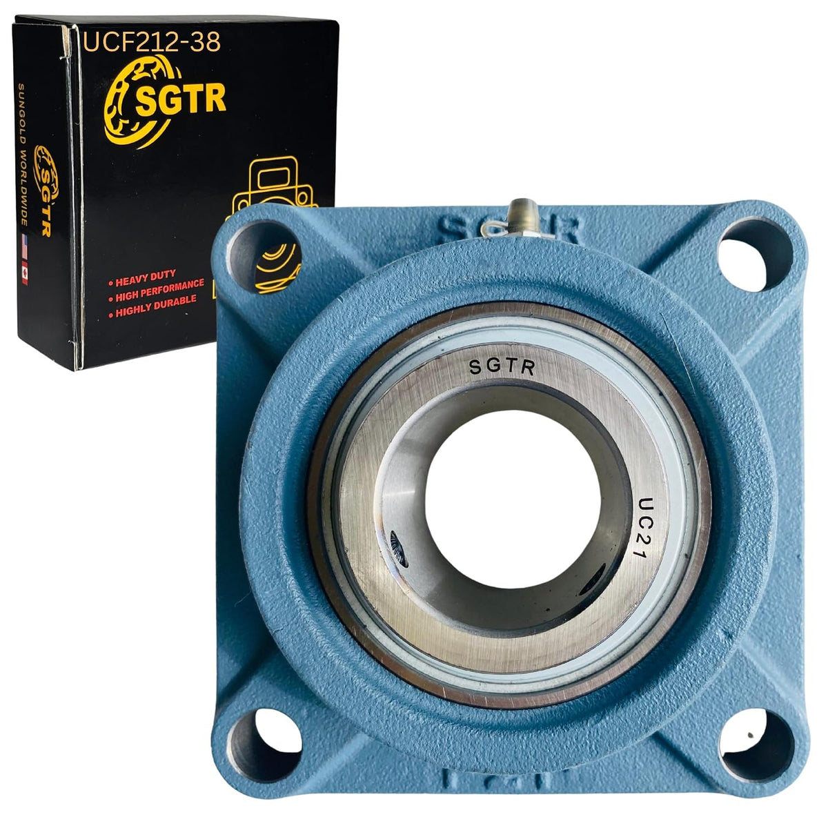 (1 Pack) SGTR Heavy Duty UCF212-38 Square Flange 2-3/8 inch Bore Bearing, Self-Aligning, Industrial Grade, Chrome Steel and Solid Cast Iron Units