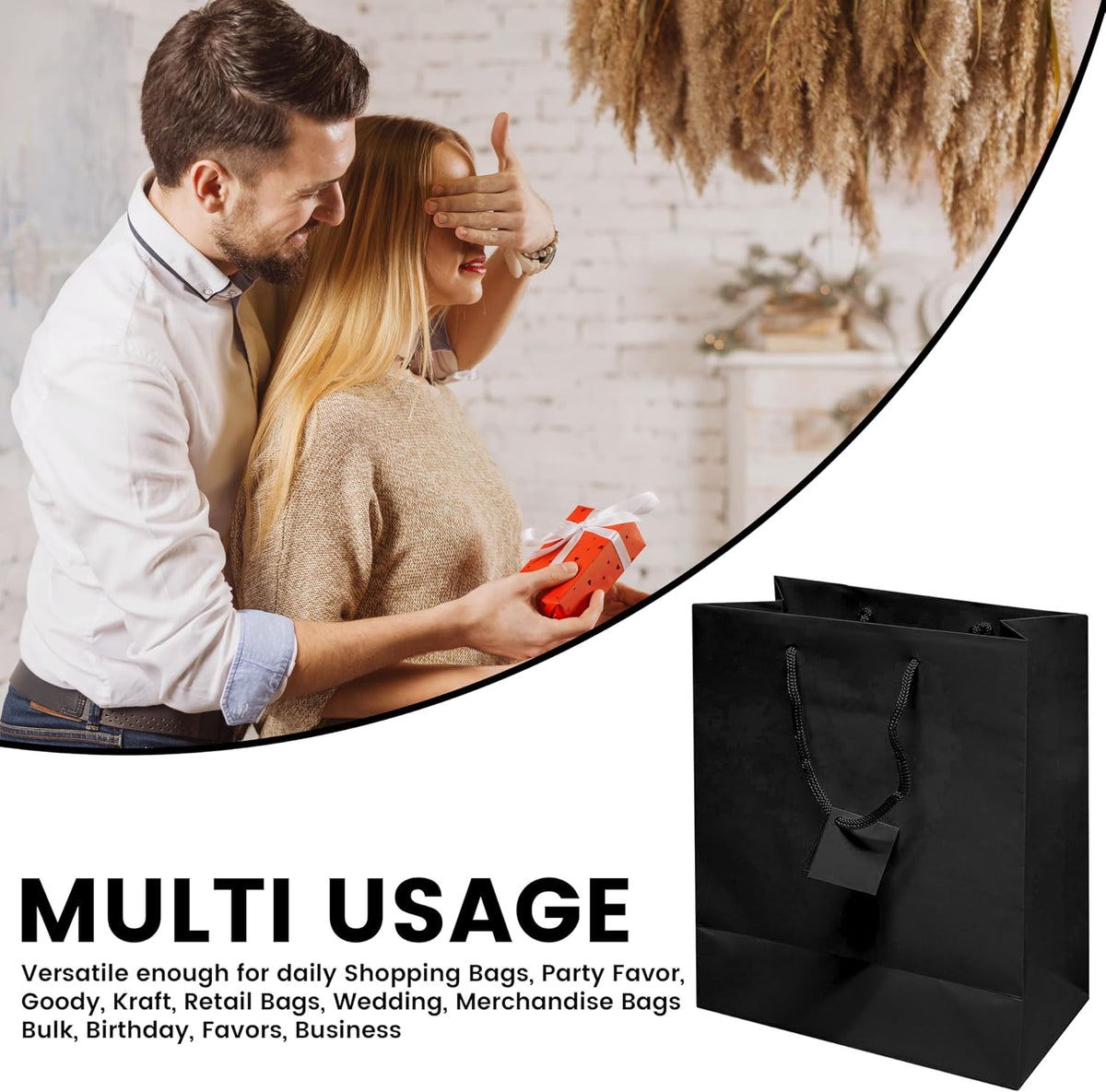 Novel Box Black Gift Bags with Handles, 100 Pack, 8x4x10 Inches