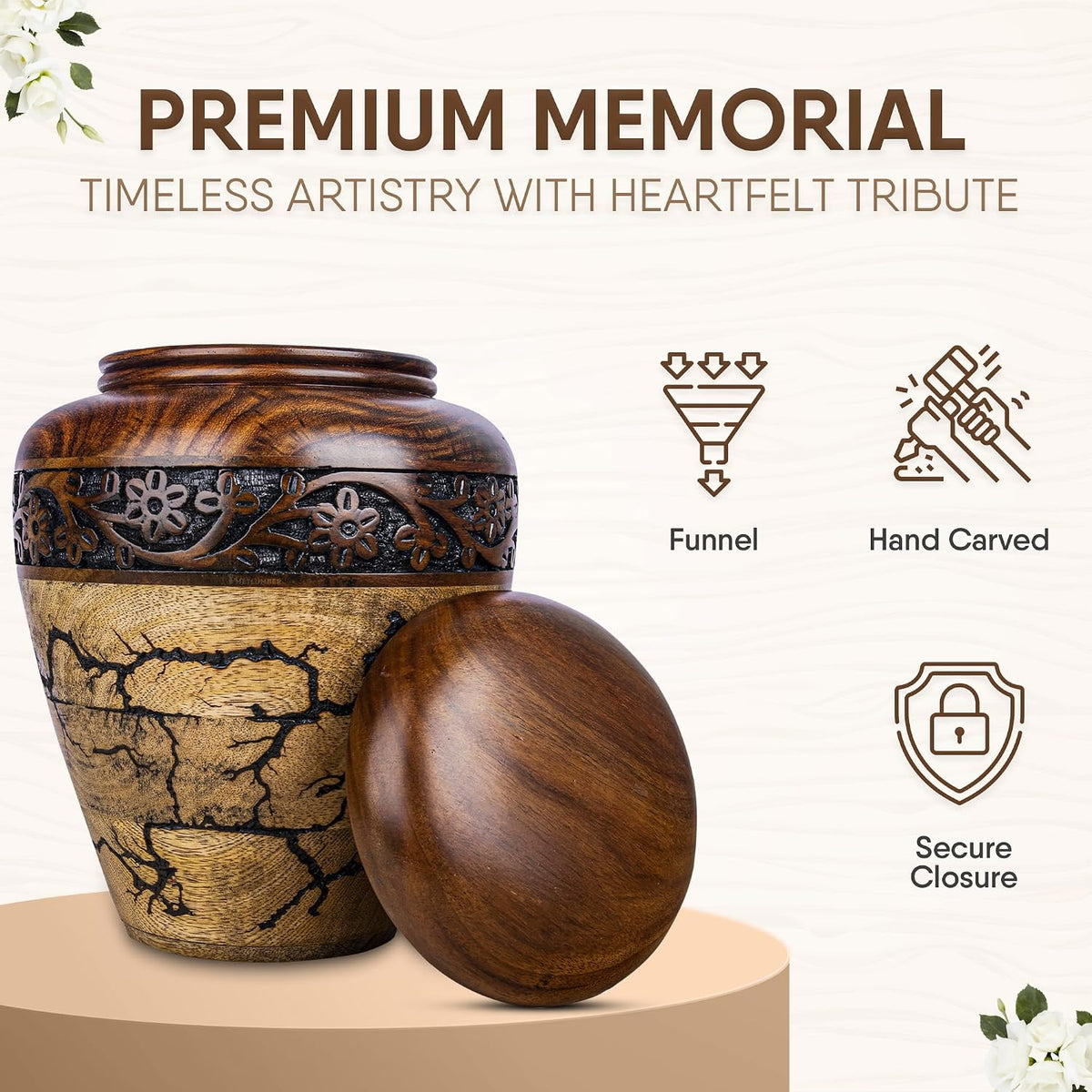 Cremation Urn for Human Ashes Adult Male or Female, Wooden Urn, Hand Carved Memorial, Large Adult Urn, Burial Urn