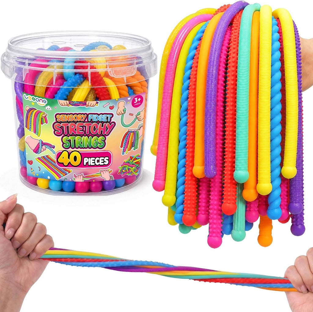Fidget Sensory Toys for Kids, 40 Pack Textured Sensory Stretchy Noodles, Calm Down Stress Toys for Autism ADHD, Quiet
