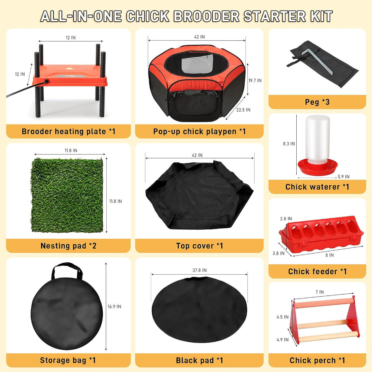 Chick Starter Kit 6-in-1 Chicken Brooder Box with 12"*12" Heating Plate