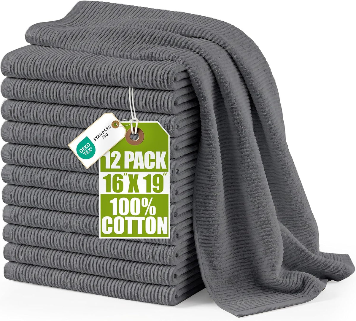 Ribbed Kitchen Bar Mops, 12 Pack, 16x19 in, Cotton, Grey
