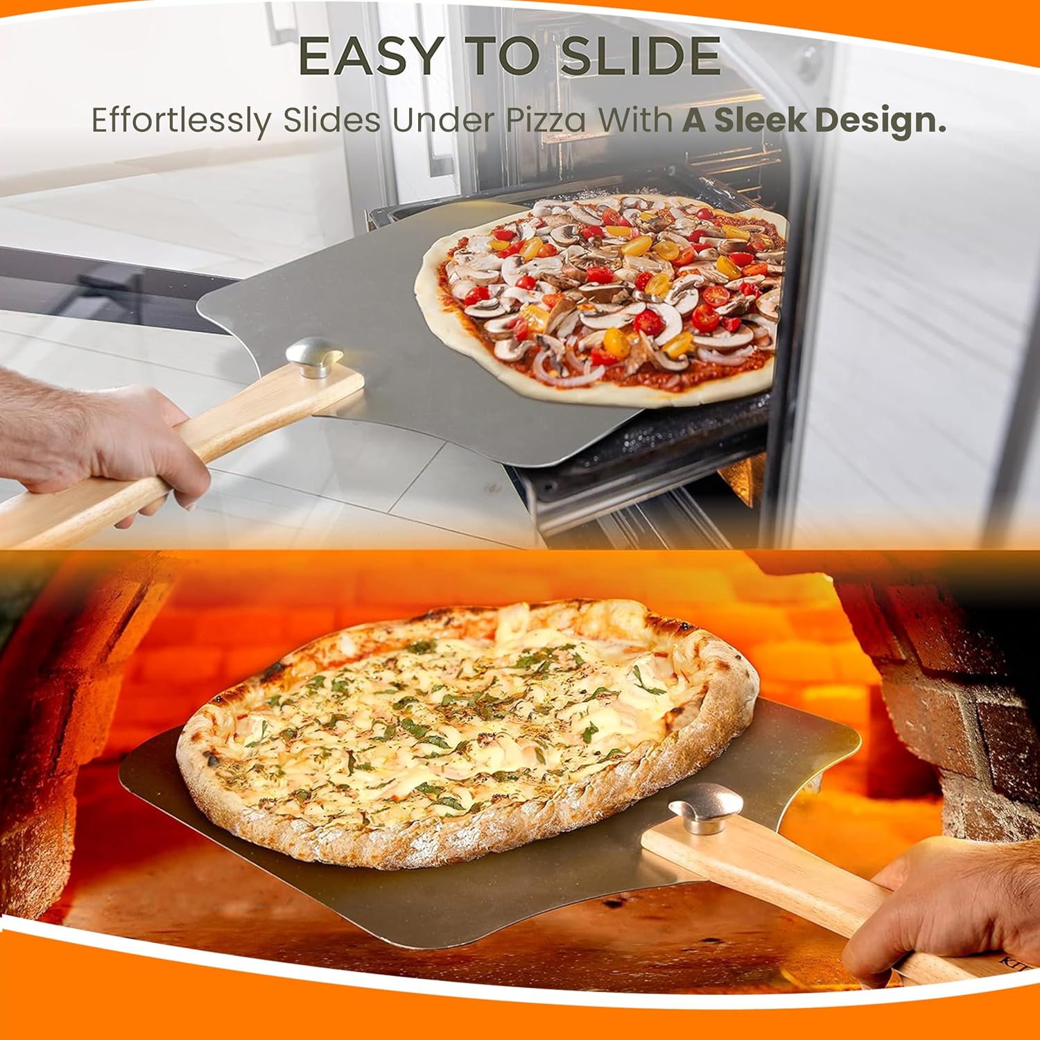 SKH Premium Aluminum Pizza Peel with Foldable Wooden Handle & Rocker Cutter -Large 23" x 12" Metal Pizza Paddle for