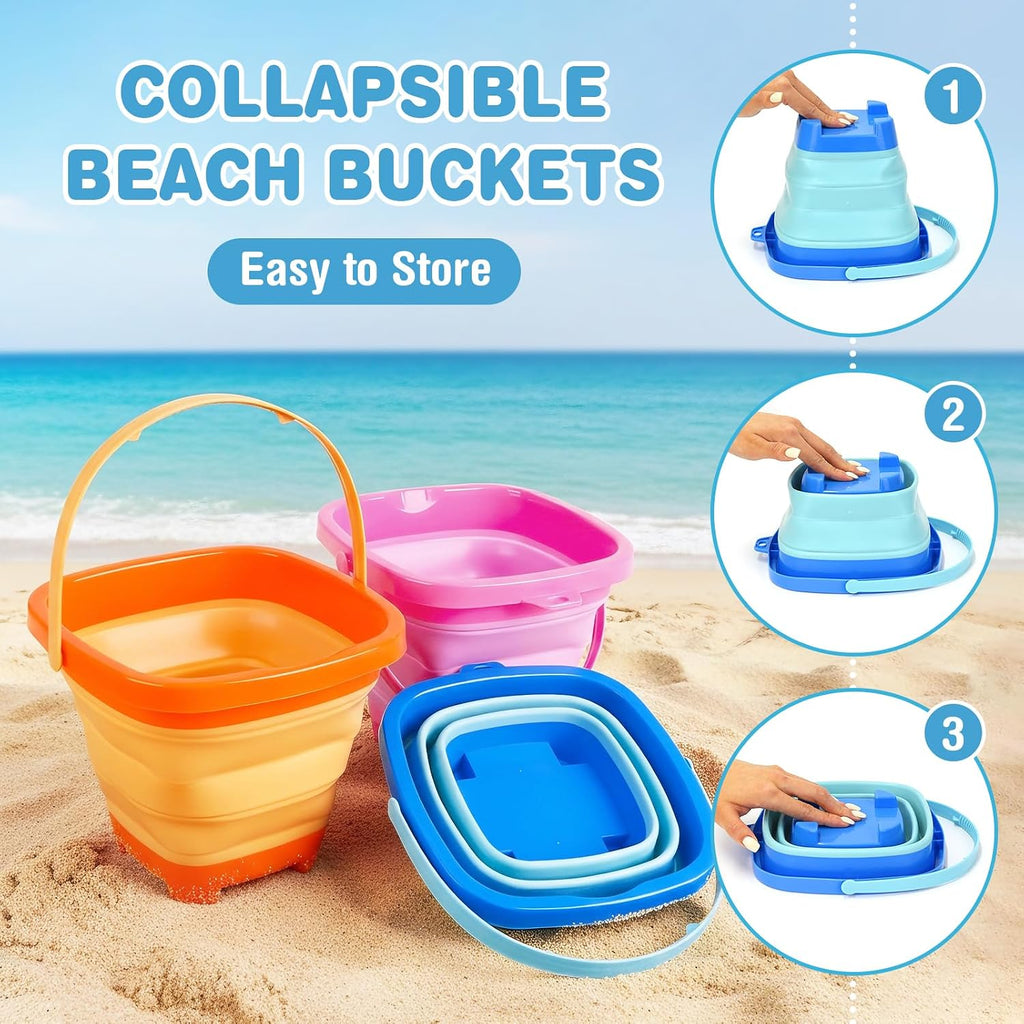 Beach Toys for Kids 3-10, Collapsible Sand Castle Toys for Beach Include 3 Pack Foldable Buckets, Shovels Molds and