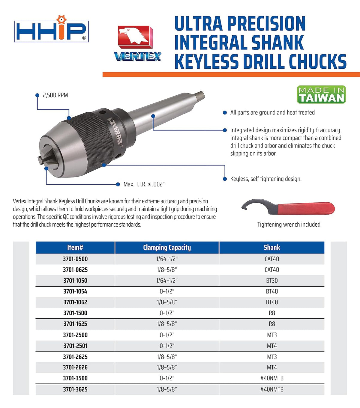 Vertex 3701-2500 0-1/2 Inch MT3 Integrated Keyless Drill Chuck