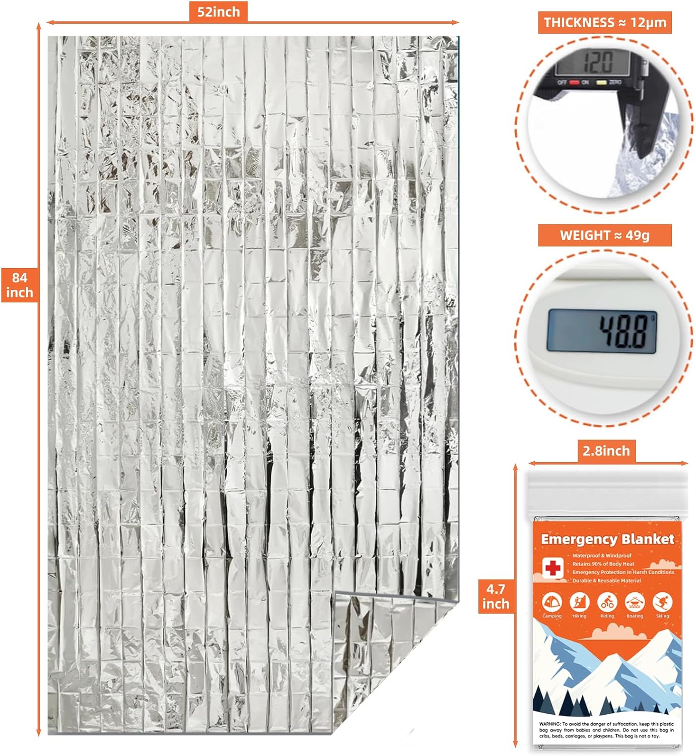 Emergency Mylar Blankets, Survival Space Blanket, 10 Pack | waterproof Mylar emergency blankets reflect up to 90%