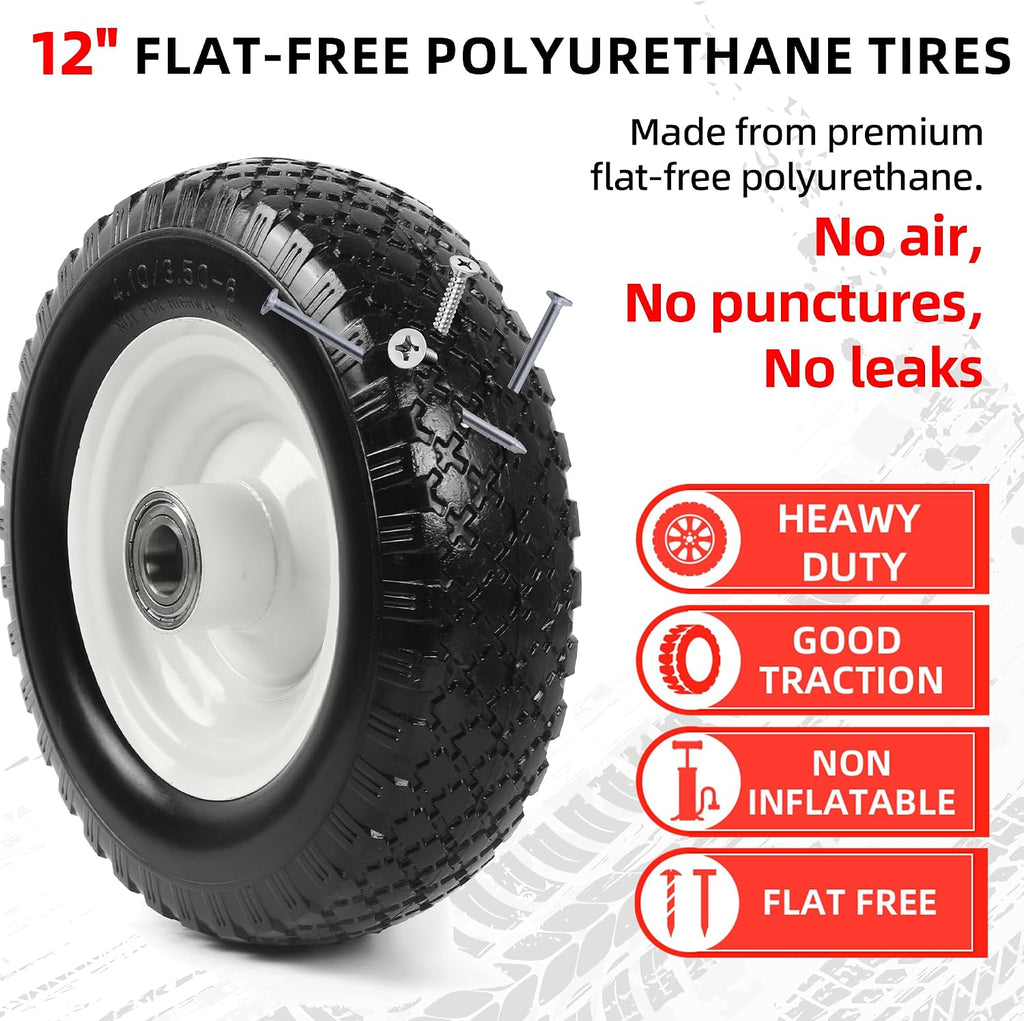 (2-Pack) 12" Flat-Free Solid Tire and Wheel, with 3-3/4" Centered Hub & 1" Bore, Fits 25mm Axle Shaft, Replacement