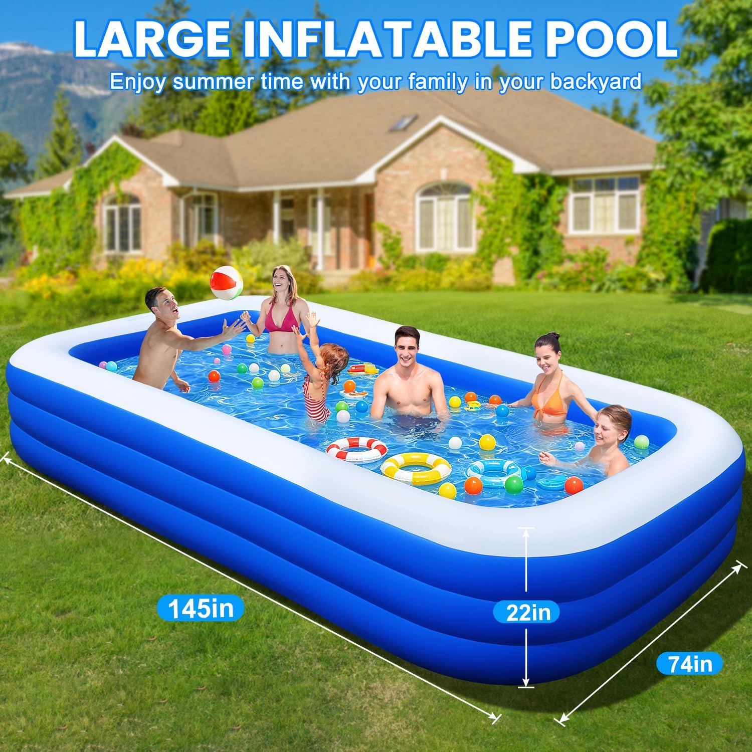Extra Large Inflatable Pool for Adults, 145" x 74" x 22" Oversized Blow Up Family Swimming Pool, Durable Thickened