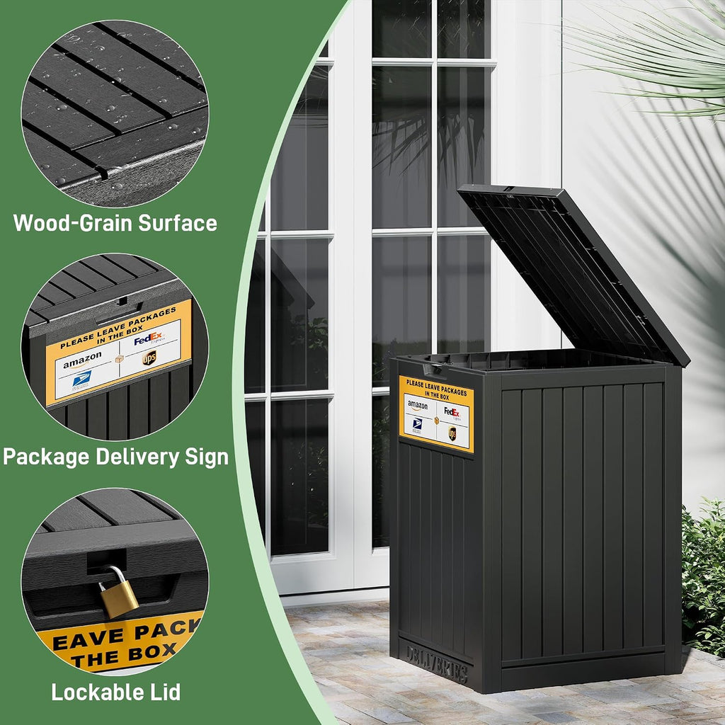 Package Delivery Box for Outside with Sign, Secure Lockable Waterproof Package Delivery Container, Resin Deck Box for