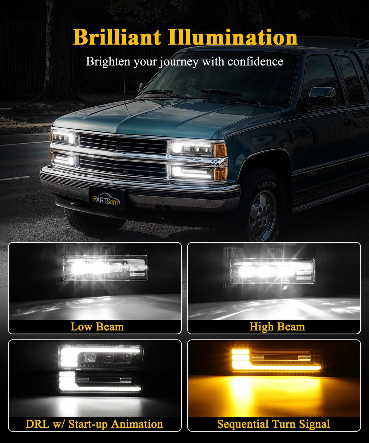 LED Headlights Assembly DOT Approved with Start Animation DRL Sequential Turn Signal Hi/Low Beam Lights Replacement