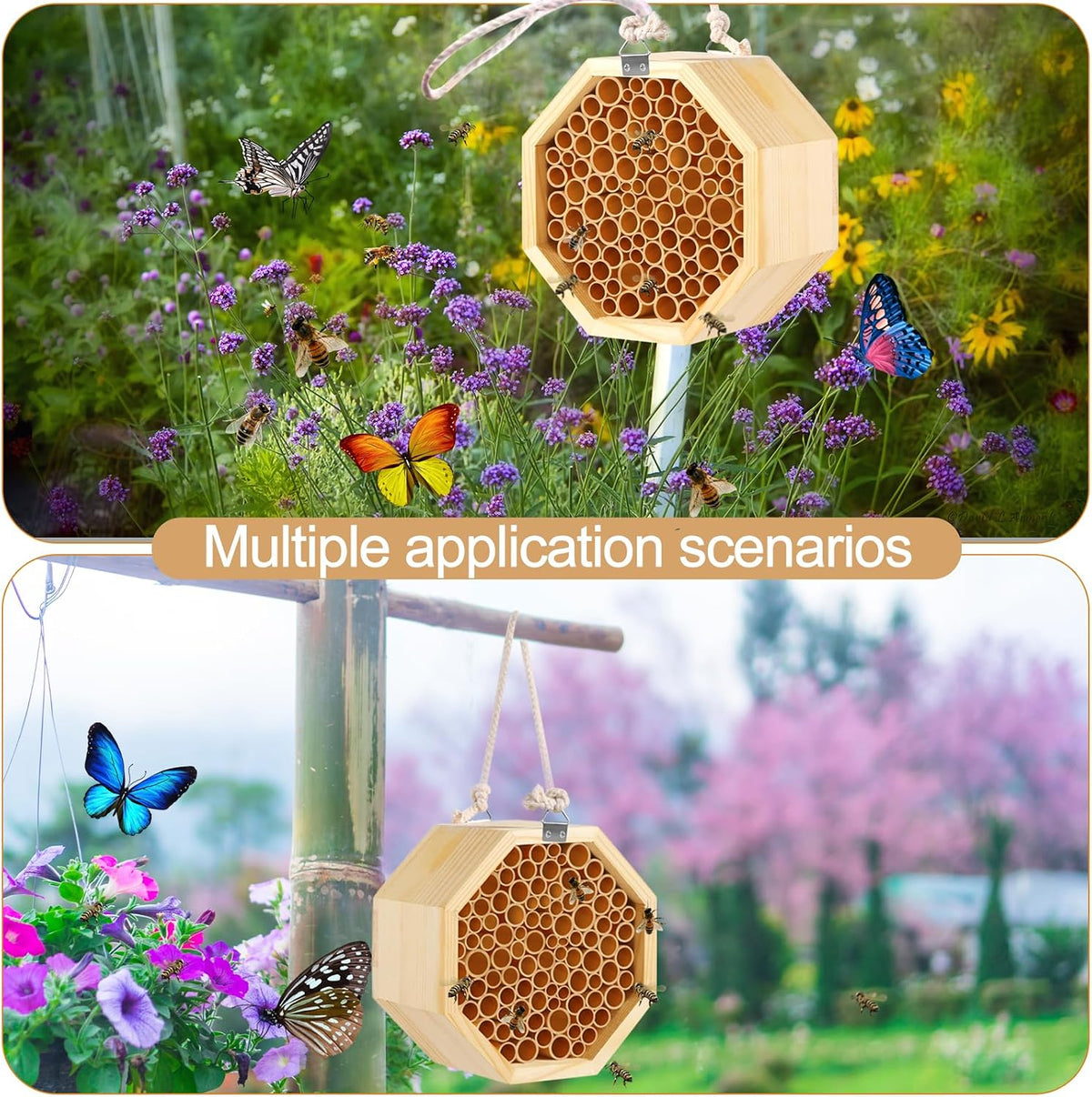 Mason Bee House - Handcrafted Natural Wooden Bee Hotel with Waterproof Wax Coating - Attracts Peaceful Pollinators