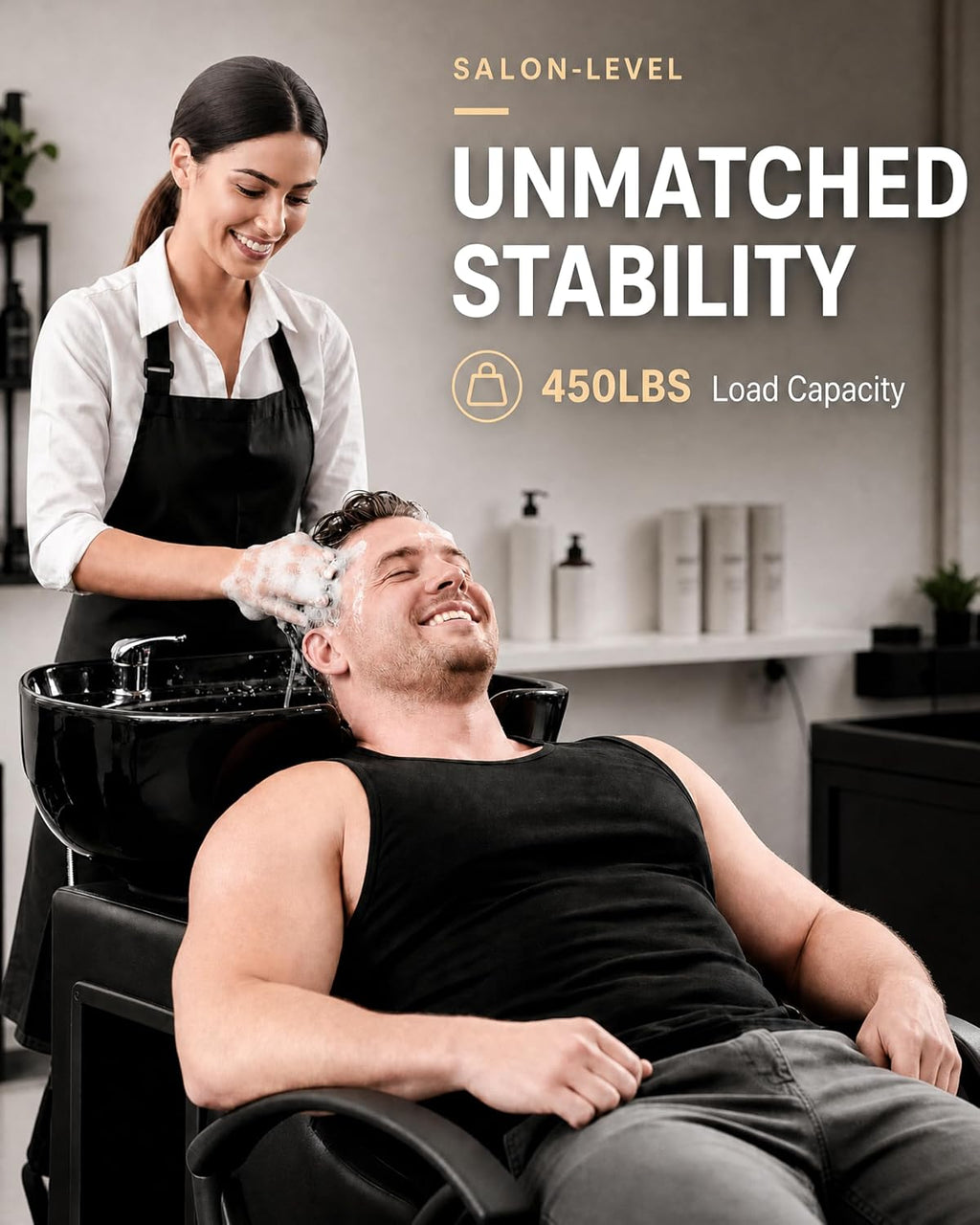 Shampoo Bowl Chair Set, Salon Shampoo Sink Chair | 7.87'' ABS Basin | Neck Rest | PU Leather | 450lbs Capacity | Side